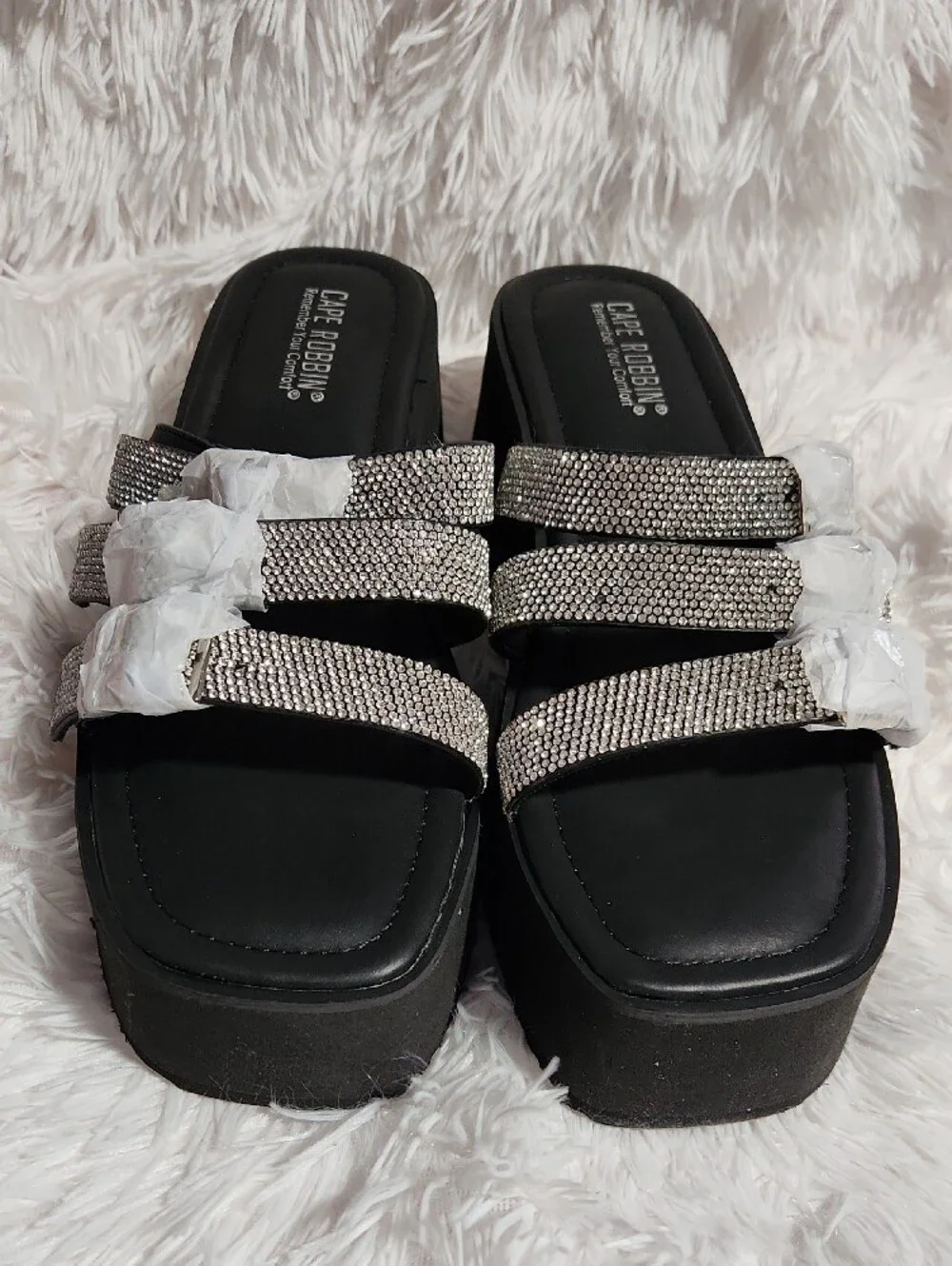 Cape Robbin Black Platform Sandals with Silver Crystal Straps
